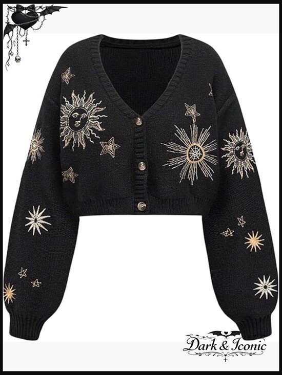 Sweaters - Cropped Cardigan Sweater Embroidered V-Neck Button Down Knit Top